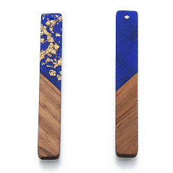 Средно-синий Большие подвески из непрозрачной смолы и орехового дерева, золотой фольгой, прямоугольный шарм, светло-синий, 51.5x7.5x3 мм, отверстие : 1.8 мм