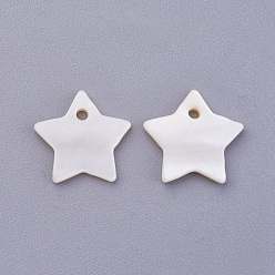 Blanc Pendentifs de coquille, teint, charmes étoiles, blanc, 12x2mm, Trou: 1.2mm