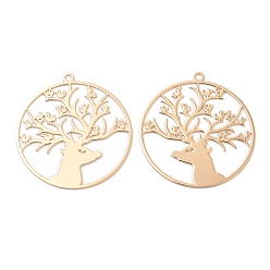 Light Gold Long-Lasting Plated Brass Filigree Pendants, Flat Round with Deer Charm, Light Gold, 41x38x0.3mm, Hole: 2mm