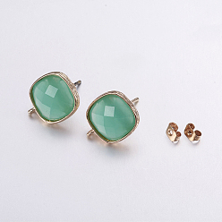 Pale Green Brass Micro Pave Cubic Zirconia Stud Earring Findings, with Loop, Glass, Faceted, Square, Light Gold, Pale Green, 17mm, Hole: 1mm, Pin: 0.7mm