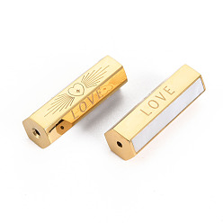 Real 14K Gold Plated 304 Stainless Steel Beads, with Rhinestone, Hexagonal Prism with Word Love, Real 14K Gold Plated, 25.5x9x8mm, Hole: 1.6mm