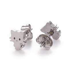 Stainless Steel Color 304 Stainless Steel Kitten Stud Earrings, Hypoallergenic Earrings, with Ear Nuts/Earring Back, Cat Silhouette, Stainless Steel Color, 8x7mm, Pin: 0.8mm, 12pairs/card