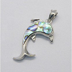 Colorful Abalone Shell/Paua Shell Pendants, Single Side, with Brass Findings, Dolphin, Colorful, 35x23x5mm, Hole: 5x7mm