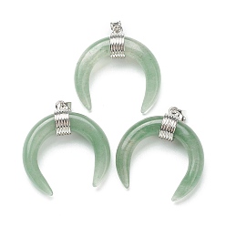 Green Aventurine Natural Green Aventurine Pendants, with Platinum Brass Findings, Double Horn/Crescent Moon, 31~33x30x10mm, Hole: 6x4mm