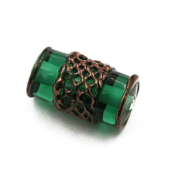 Green Retro Czech Glass Beads, Red Copper Metal Grid Beads, Column, Green, 16x8mm