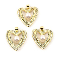 Seashell Color Rack Plating Real 18K Gold Plated Brass Pendants, with Cubic Zirconia & Plastic Imitation Pearl, Long-Lasting Plated, Lead Free & Cadmium Free, Heart, Seashell Color, 24x22x7.5mm, Hole: 5x3.5mm