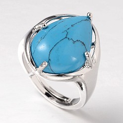 Synthetic Turquoise Teardrop Platinum Tone Brass Gemstone Adjustable Wide Band Rings, Synthetic Turquoise, 18mm, Tray: 20x17mm