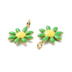 Lime Ion Plating(IP) 304 Stainless Steel Charms, with Enamel, Golden, Flower, Lime, 10x7.5x2mm, Hole: 1mm