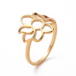 Golden Ion Plating(IP) 201 Stainless Steel Flower Finger Ring, Hollow Wide Ring for Women, Golden, US Size 6 1/2(16.9mm)