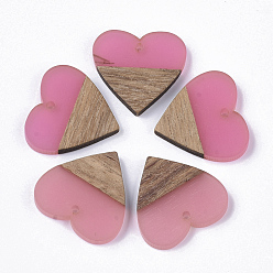 Hot Pink Transparent Resin & Walnut Wood Pendants, Heart, Hot Pink, 24x25x3.5~4mm, Hole: 2mm