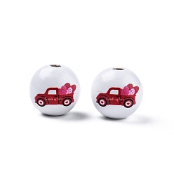 Car Valentine's Day Theme Printed Wooden Beads, Round, Car Pattern, 15.5~16x15mm, Hole: 3.5mm