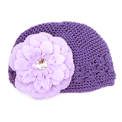Средний Фиолетовый Ручная работа вязания крючком детская шапочка, С тканевыми цветами, средне фиолетовый, 180 мм
