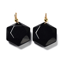 Obsidiana Colgantes naturales de obsidiana, con asas de latón dorado chapado en cremallera, estrella facetas, 39~40x25x8.5~10 mm, agujero: 3 mm