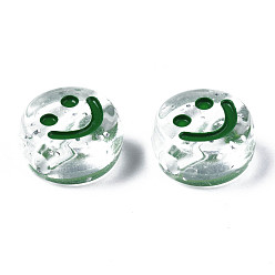Dark Green Transparent Acrylic Beads, Horizontal Hole, with Glitter Powder & Enamel, Flat Round with Smile Face, Dark Green, 10x5mm, Hole: 2mm, about 1600pcs/500g