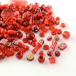 Red Acrylic Beads, Mixed Shapes, Red, 5.5~28x6~20x3~11mm, Hole: 1~5mm