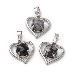 Snowflake Obsidian Natural Snowflake Obsidian Pendants, Heart Charms, with Platinum Tone Brass Findings, Cadmium Free & Nickel Free & Lead Free, 21.5x19.5x7.5~8mm, Hole: 7.5x5mm
