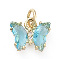 Light Cyan Brass Micro Pave Clear Cubic Zirconia Pendant, with Glass, Butterfly, Golden, Light Cyan, 12.5mm