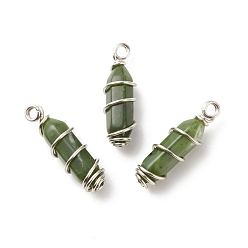 Jade Jade xinyi naturel/jade du sud chinois pendentifs pointus à double borne, avec fil de cuivre ton platine enroulé, balle, 26~26.5x8mm, Trou: 2.5~2.8mm