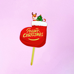 Roja Primeros de la torta de acrílico, pastel tarjetas insertadas, decoraciones temáticas navideñas, calcetín con feliz navidad, rojo, 155x80 mm