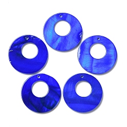 Medium Blue Spray Painted Natural Freshwater Shell Pendants, Flat Round Charms, Medium Blue, 28x2.5mm, Hole: 1.2mm