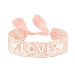 Rose Brumeux Bracelet cordon tressé motif mot amour en silicone avec pompons en polyester, bracelet plat réglable pour femme, rose brumeuse, diamètre intérieur: 5-7/8~9-1/2 pouce (15~24 cm)