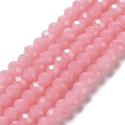 Pink Baking Painted Imitation Jade Glass Bead Strands, Faceted Rondelle, Pink, 10x8mm, Hole: 1mm, about 63~65pcs/strand, 18.90''(48~50cm)