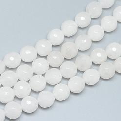 White Glass Beads Strands, Faceted, Round, White, 8~9mm, Hole: 1mm, about 45~47pcs/strand, 14.4~15.2 inch