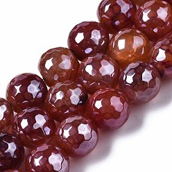 Indian Red Natural Agate Beads Strands, Pearl Luster Plated, Faceted, Round, Indian Red, 12mm, Hole: 1.6mm, about 30~33pcs/strand, 13.70~15.75 inch(34.8~40cm)