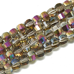Dark Goldenrod Electroplate Glass Beads Strands, Rainbow Plated, Faceted, Round, Dark Goldenrod, 6x5x5mm, Hole: 1mm, about 95~96pcs/strand, 17.20 inch(43.7cm)