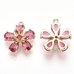 Perlas de Color Rosa Colgantes de cristal transparente, con fornituras de latón de tono de oro, facetados, flor, rosa perla, 16x14.5x6 mm, agujero: 1 mm