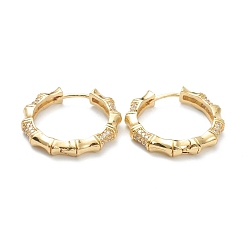 Real 18K Gold Plated Brass Micro Pave Cubic Zirconia Huggie Hoop Earrings, Ring with Bamboo Stick, Clear, Real 18K Gold Plated, 25x24.5x4mm, Pin: 1mm