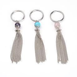 Mixed Stone 316 Surgical Stainless Steel Keychain with Iron Twisted Chains Tassels and Gemstone Beads, 110mm
