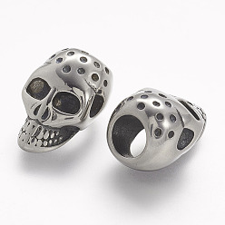 Antique Silver 304 Stainless Steel Beads, Skull, Large Hole Beads, Antique Silver, 18.5x11.5x12mm, Hole: 6mm