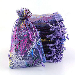 Medium Slate Blue Rectangle Printed Organza Drawstring Bags, Colorful Coral Pattern, Medium Slate Blue, 12x9cm