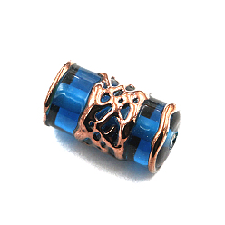 Dodger Blue Retro Czech Glass Beads, Red Copper Metal Grid Beads, Column, Dodger Blue, 16x8mm