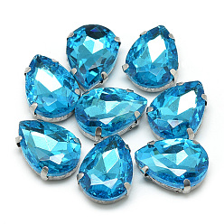 Cielo Azul Oscuro Cose en el rhinestone, Enlaces multifilares, diamantes de imitación de cristal, con 201 ajustes de dientes de acero inoxidable, accesorios de prendas de vestir, facetados, lágrima, cielo azul profundo, 14x10x6 mm, agujero: 0.8~1 mm