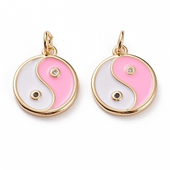Pink Brass Micro Pave Clear Cubic Zirconia Pendants, with Enamel & Jump Rings, Flat Round with Yin Yang, Real 18K Gold Plated, Pink, 15x12.5x2mm, Jump Ring: 5x1mm, 3mm Inner Diameter