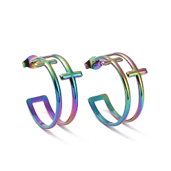 Rainbow Color Chapado en iones (ip) 304 aretes de doble cruz de acero inoxidable, pendientes de medio aro para mujer, color del arco iris, 23.5x8 mm, pin: 0.7 mm