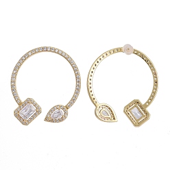 Real 18K Gold Plated Brass Micro Pave Clear Cubic Zirconia Stud Earrings, Half Hoop Earrings, with Plastic Ear Nut, Long-Lasting Plated, Rectangle and Teardrop, Real 18K Gold Plated, 31.5x27mm, Pin: 0.8mm