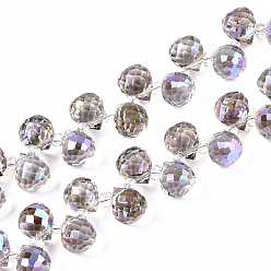 Violet Chapelets de perles en verre transparentes  , perles percées, de couleur plaquée ab , larme à facettes, violette, larme: 9.5x8 mm, Trou: 0.8mm, perles: 3~4x2.5~3.5 mm, Environ 100 pcs/chapelet, 23.62 pouce (60 cm)