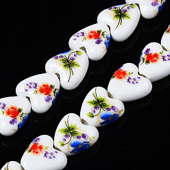 Rouge Brins de perles en céramique de porcelaine faites à la main, fleur imprimée, cœur, rouge, 15x15x7mm, Trou: 3mm, Environ 23 pcs/chapelet, 12.8 pouces (32.5 cm)