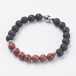 Goldstone Natural Lava Rock Beads Stretch Bracelets, with Synthetic Goldstone, Magnetic Clasp and Alloy Findings, 7-5/8 inch(195mm)