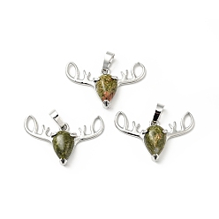 Unakite Natural Unakite Pendants, with Platinum Tone Brass Findings, Lead Free & Cadmium Free, Deer Head Charms, 23~24x34x7.5mm, Hole: 5x8mm
