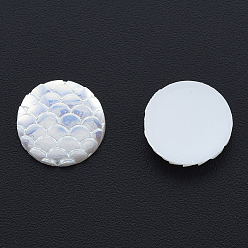 Creamy White ABS Plastic Imitation Pearl Cabochons, AB Color Plated, Flat Round with Fish Scale Pattern, Creamy White, 11x3mm