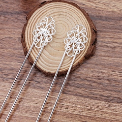 Silver Brass Hair Fork Findings, with Flower Filigree Findings, Silver, 115x12x2mm, Filigree Findings: 20x31.5mm
