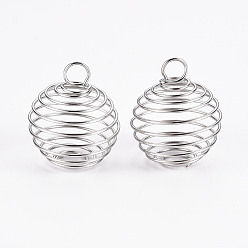 Platine Pendentifs en fil de fer, pendentifs de cage de perle en spirale, ronde, platine, 28~30x24~25mm, Trou: 6mm