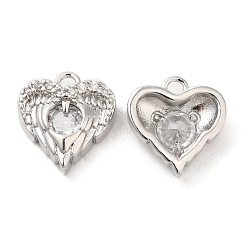 Clear Brass & Glass & Cubic Zirconia Charms, Heart Wing Charm, Real Platinum Plated, Clear, 11x10.5x4mm, Hole: 1.2mm
