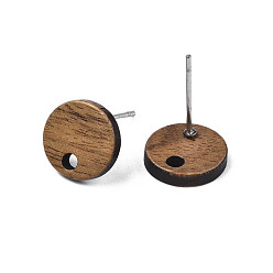 Tan Walnut Wood Stud Earring Findings, with 316 Stainless Steel Pin and Hole, Flat Round, Tan, 10mm, Hole: 1.6mm, Pin: 0.8mm