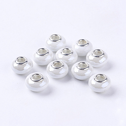 White Handmade Porcelain European Beads, with Silver Color Brass Double Cores, Rondelle, White, 15x10~11mm, Hole: 5mm