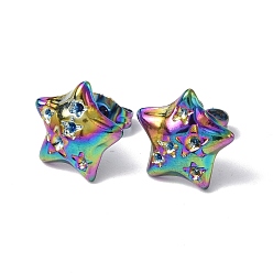 Rainbow Color Placage ionique (ip) 304 conclusions de boucles d'oreilles en acier inoxydable, avec sertissage en strass, étoiles, couleur arc en ciel, fit pour 1.5~2mm strass, 12.5x12.5mm, pin: 0.7 mm